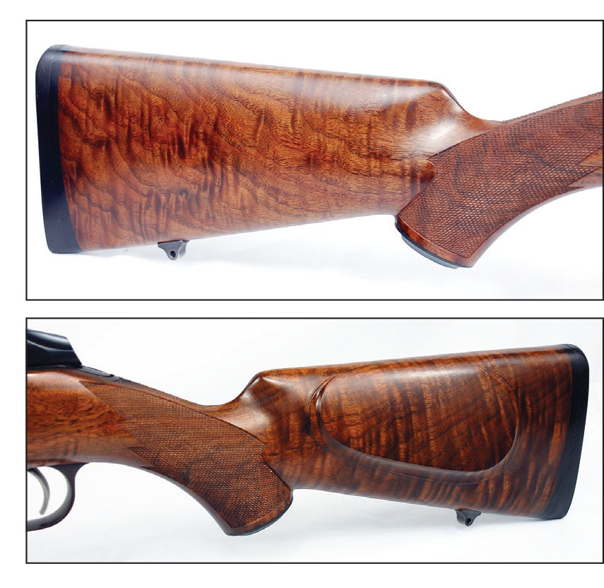 The buttstock highlights the very nicely figured Turkish walnut and the beaded cheekpiece with shadow line is a nice classic touch.